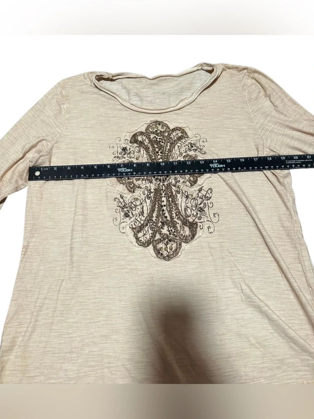 Boho Embellished Cross Graphic 3/4 Sleeve Top  Beige Tee | See Measurements - Picture 4 of 8
